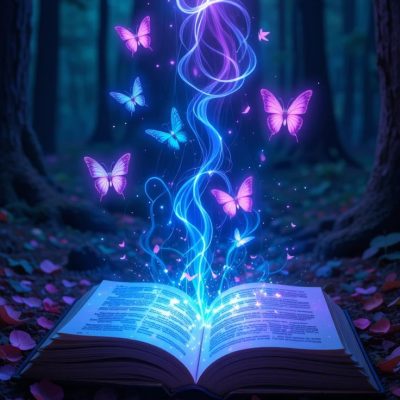 An open magical book on a forest floor with neon-purple and blue light (1)